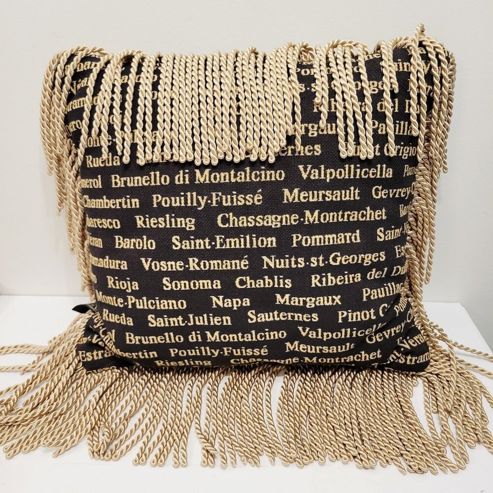 Borgata Gold Fringed Pillow Throw Brown Background Gold Lettering Wine Theme